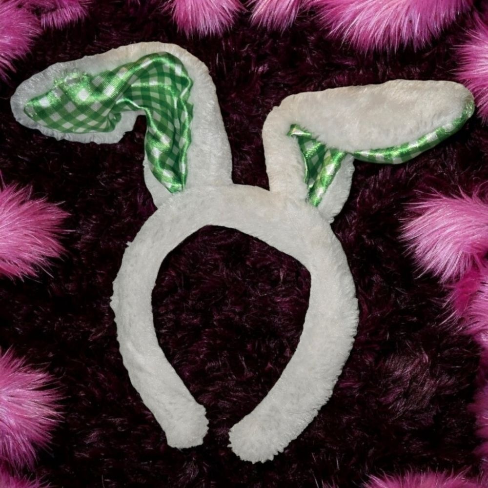 White Bunny Ears Headband Bendable Posable Green Rabbit Costume Accessory Wired
